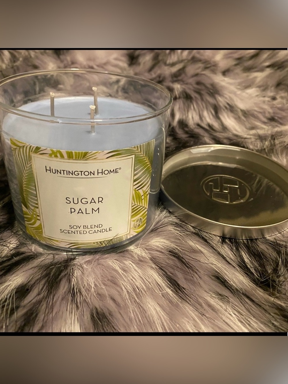 Huntington Home Sugar Palm 14oz 3-Wick Candle in Light Blue with Silver Lid
